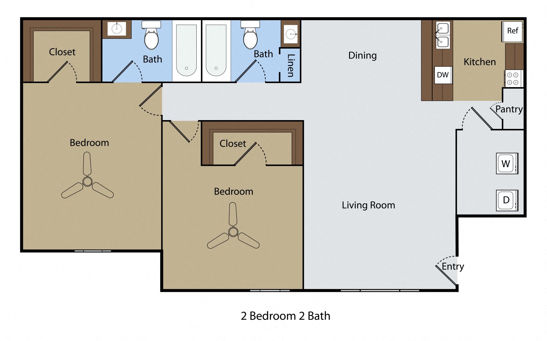 Floor plan for 2 beds, 2 baths, 935 sqft